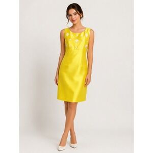 Kasper Yellow Satin Sheath Dress Floral Applique Mod 60s Jackie O Size 6 Office